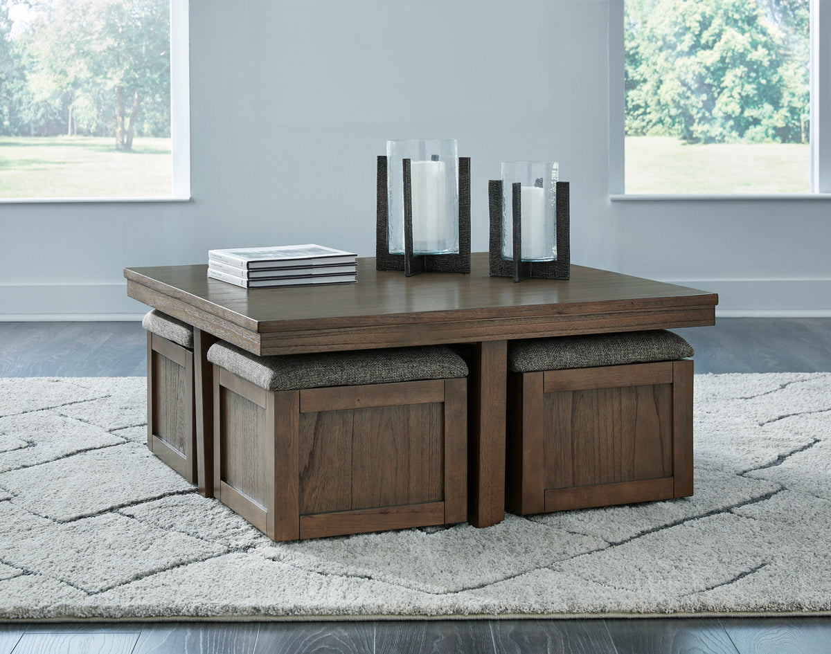 Prime Furniture - Ashley Furniture - Boardernest Coffee Table with 4 Stools - Cocktail TBL w/4 Stools (5/CN) / Brown - T738-20