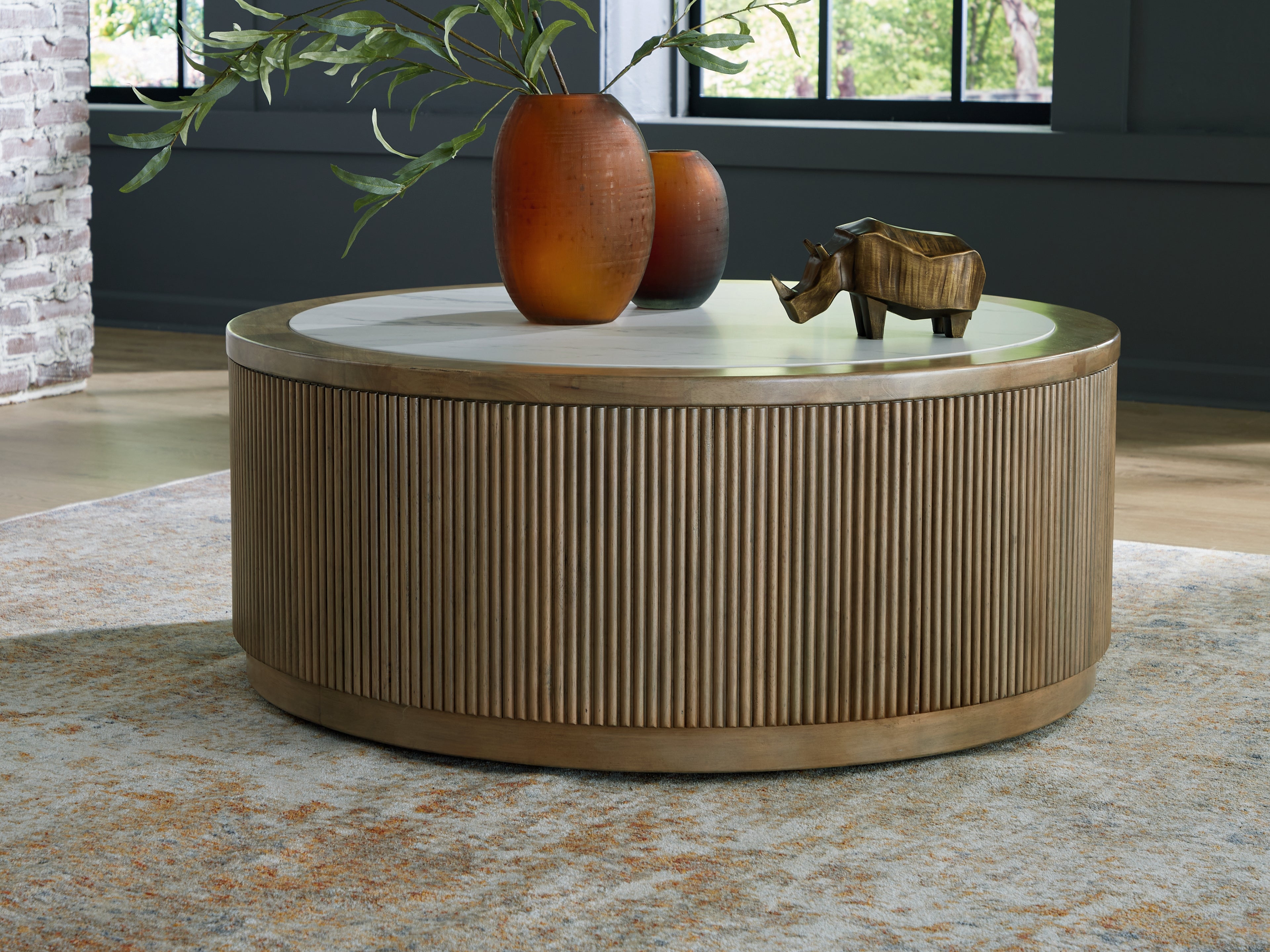 Prime Furniture - Ashley Furniture - Camdill Coffee Table - Round Cocktail Table / Light Brown/White - T808-8