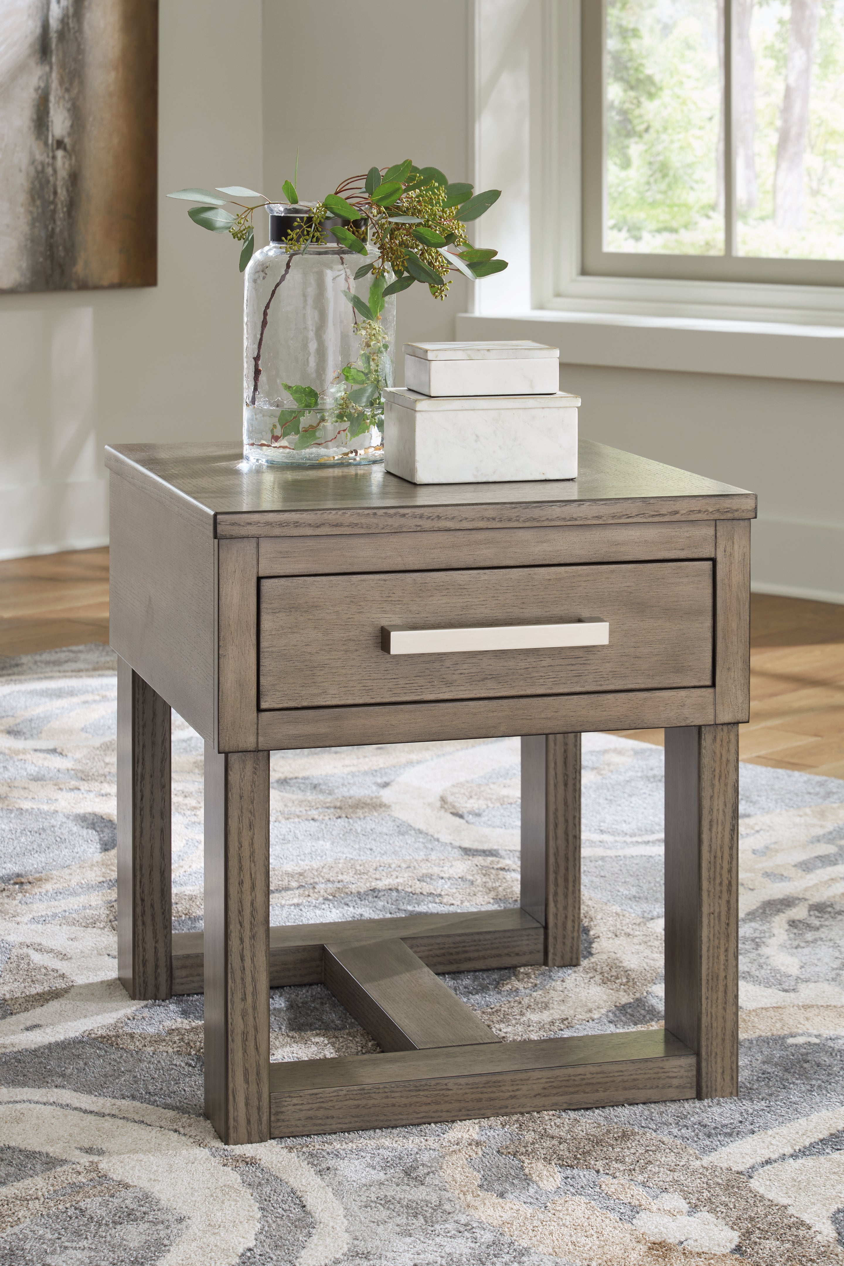Prime Furniture - Ashley Furniture - Loyaska End Table - Rectangular End Table / Grayish Brown/White - T854-3