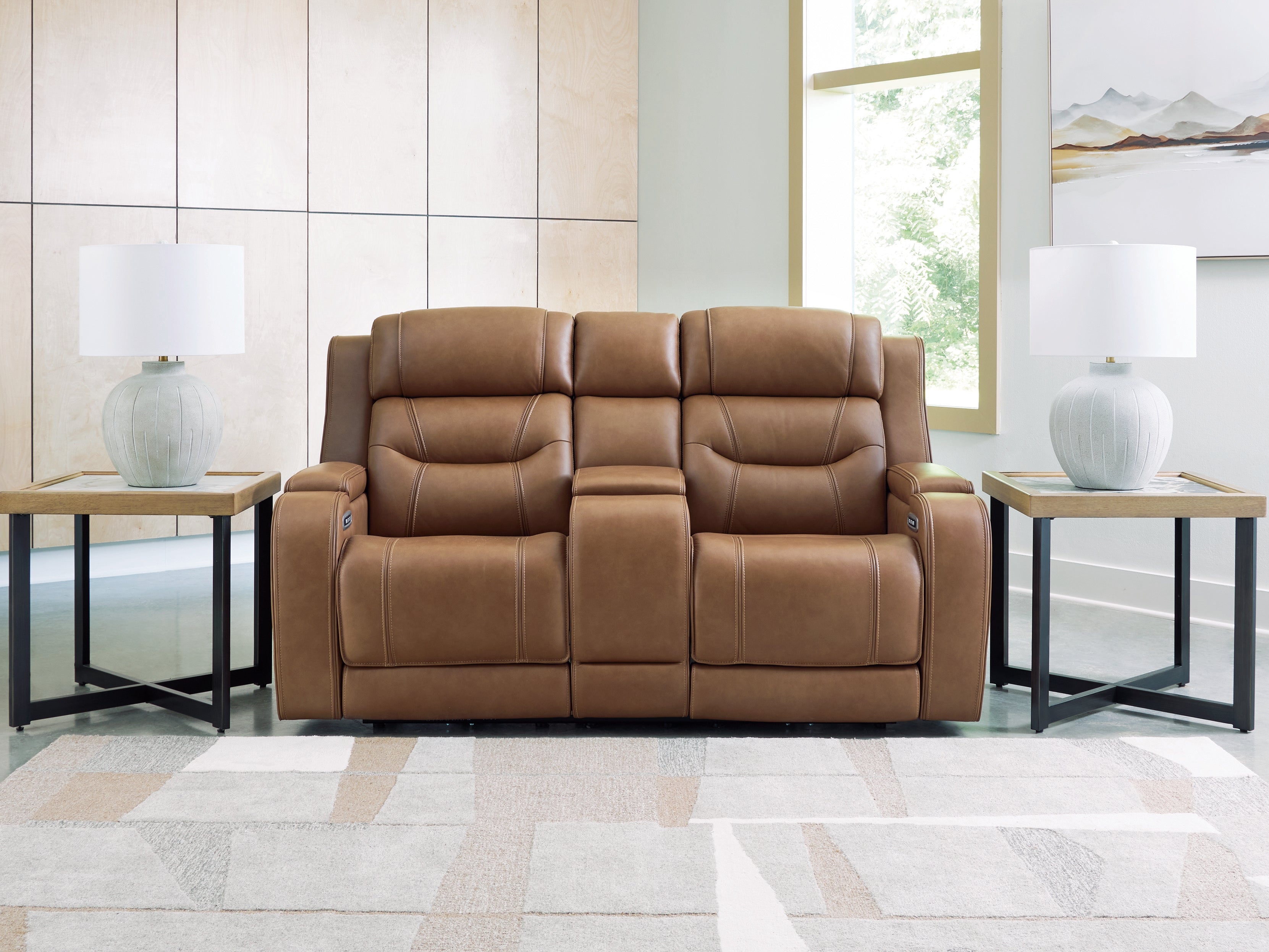 Prime Furniture - Ashley Furniture - Knightington Living Room - PWR REC Love w/Audio Seating / Caramel - PCU1160018A