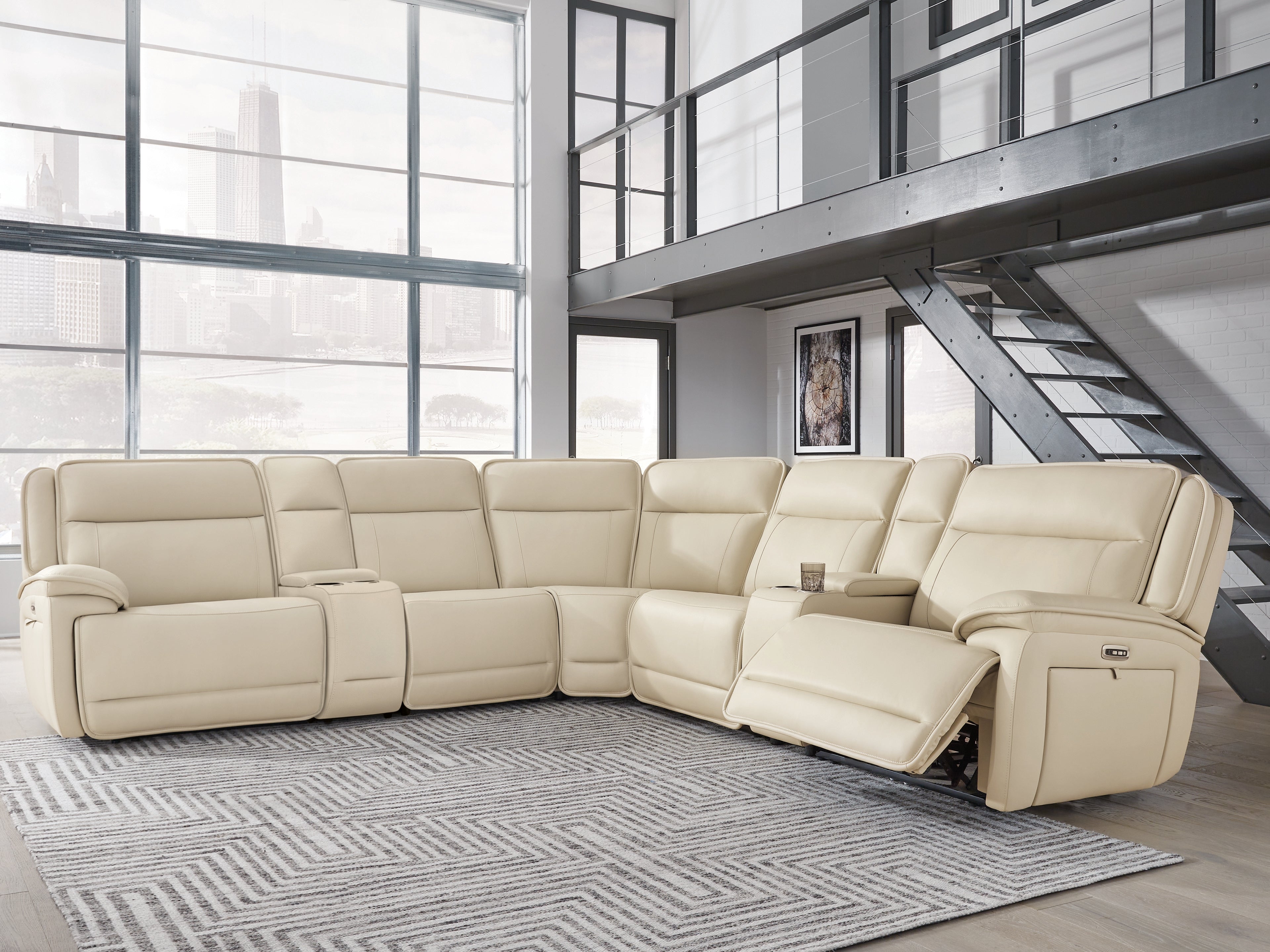Prime Furniture - Ashley Furniture - Double Deal Sectional - 7-Piece Reclining Sectional with 2 Consoles / Almond - U13001S9