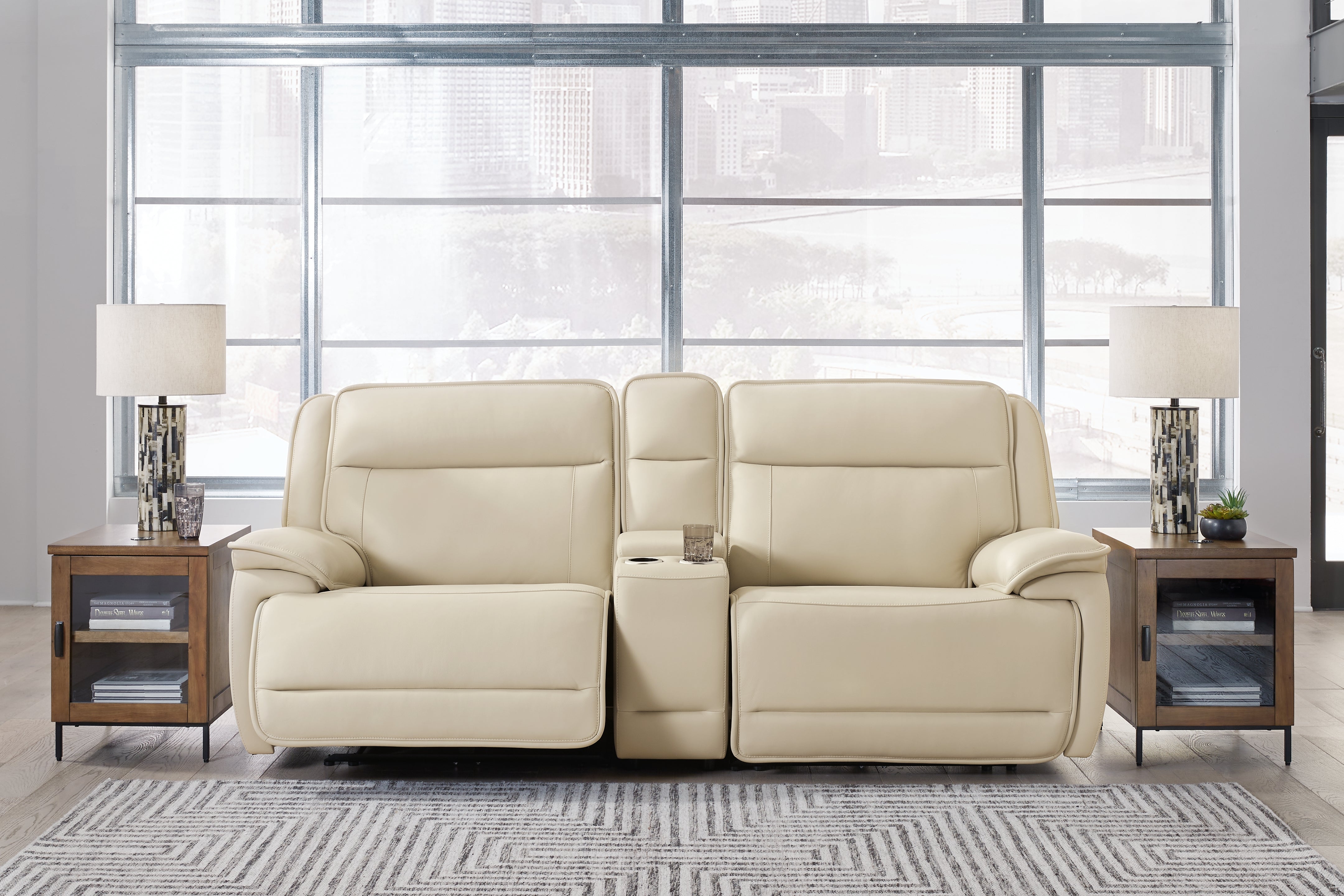 Prime Furniture - Ashley Furniture - Double Deal Sectional - 3-Piece Power Reclining Loveseat Sectional with Console / Almond - U13001S4