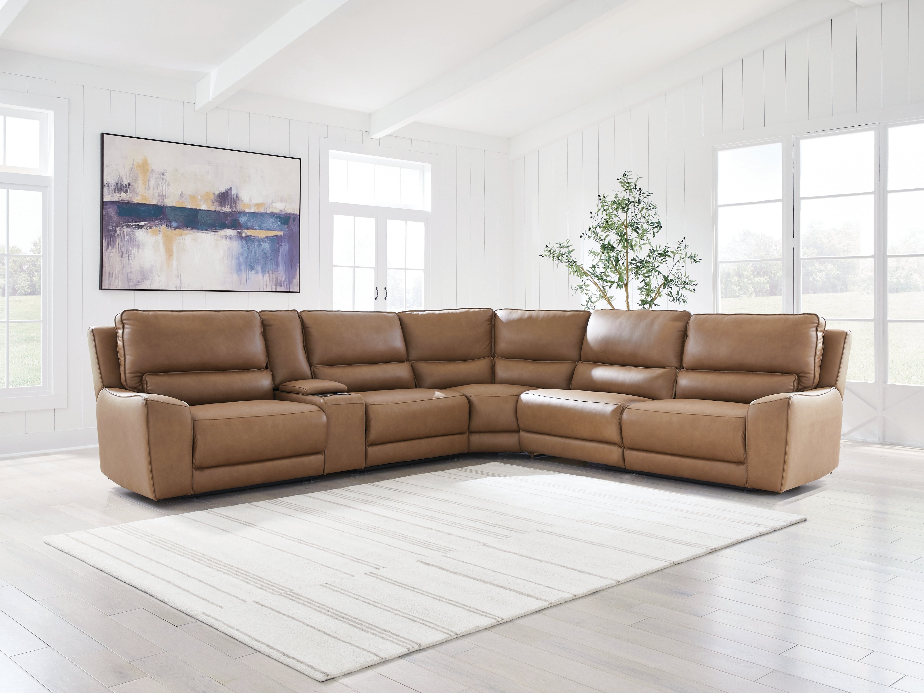 Prime Furniture - Ashley Furniture - DeepWakes Sectional - 6-Piece Reclining Sectional with Storage Console / Caramel - PCU62606S36