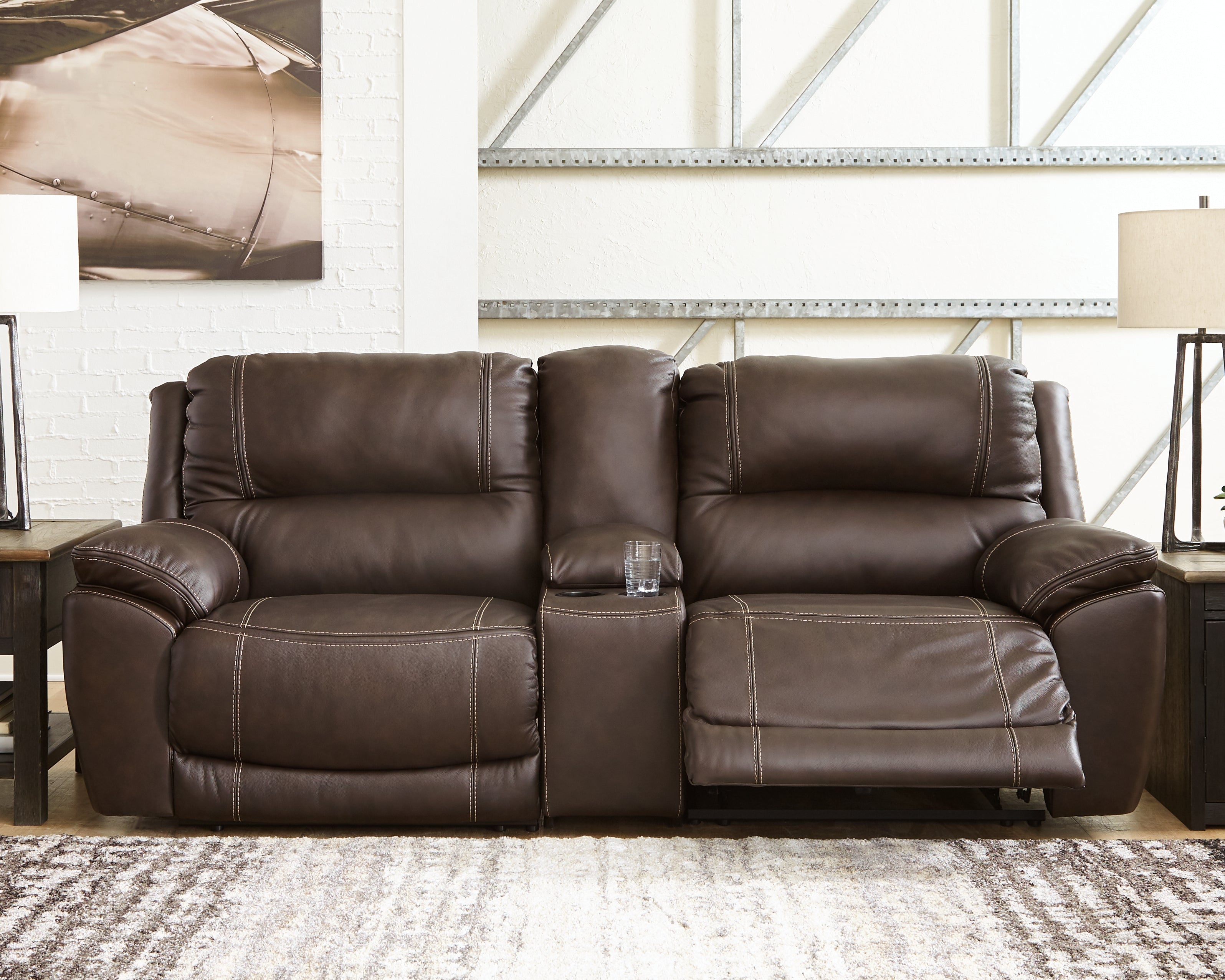 Prime Furniture - Ashley Furniture - Dunleith Sectional - 3-Piece Power Reclining Loveseat with Console / Chocolate - U71604S4