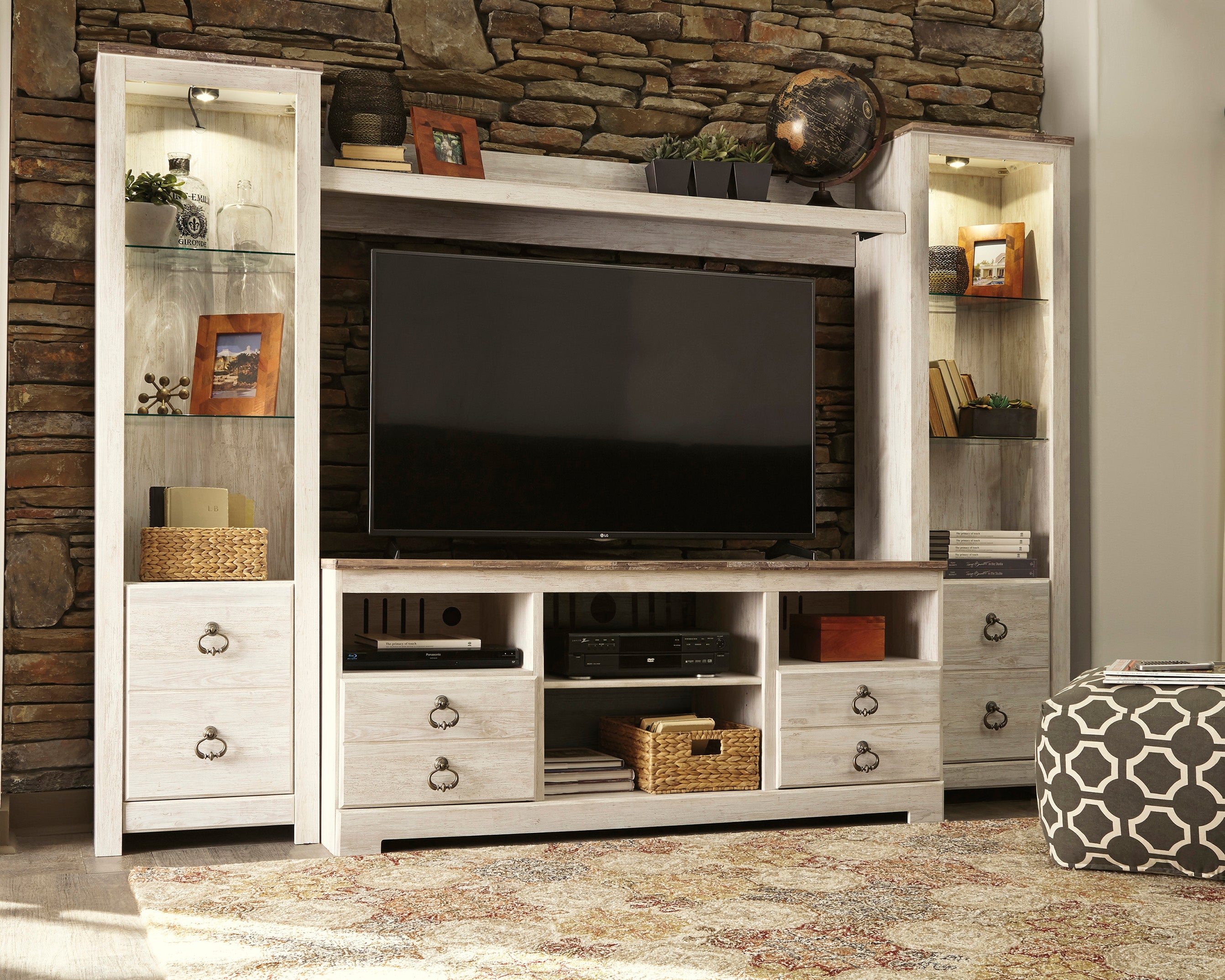 Prime Furniture - Ashley Furniture - Willowton Entertainment Center - 4-Piece Entertainment Center / Whitewash - W267W3