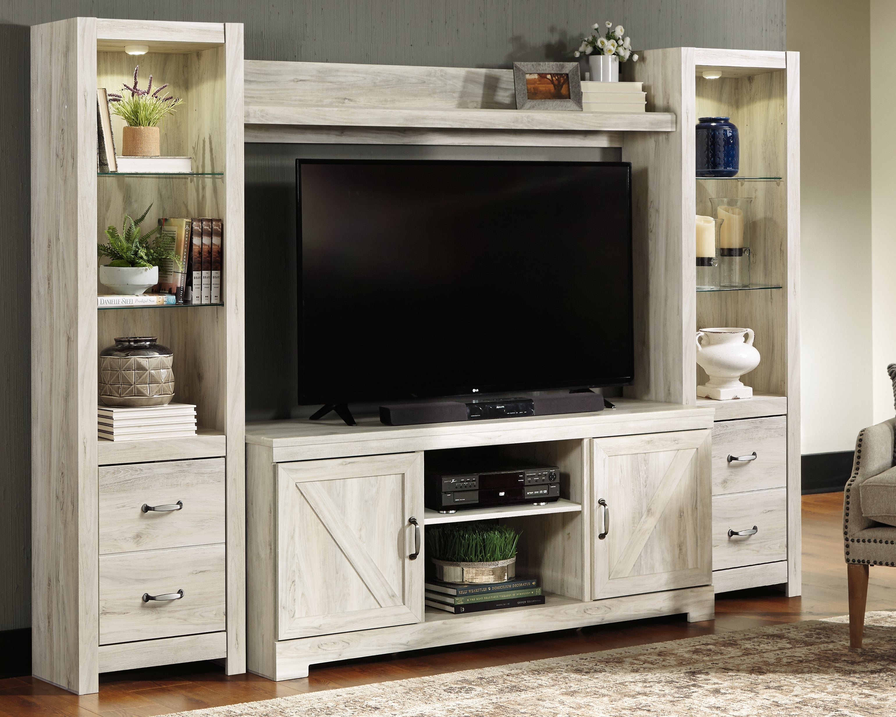 Prime Furniture - Ashley Furniture - Bellaby Entertainment Center - 4-Piece Entertainment Center / Whitewash - W331W2