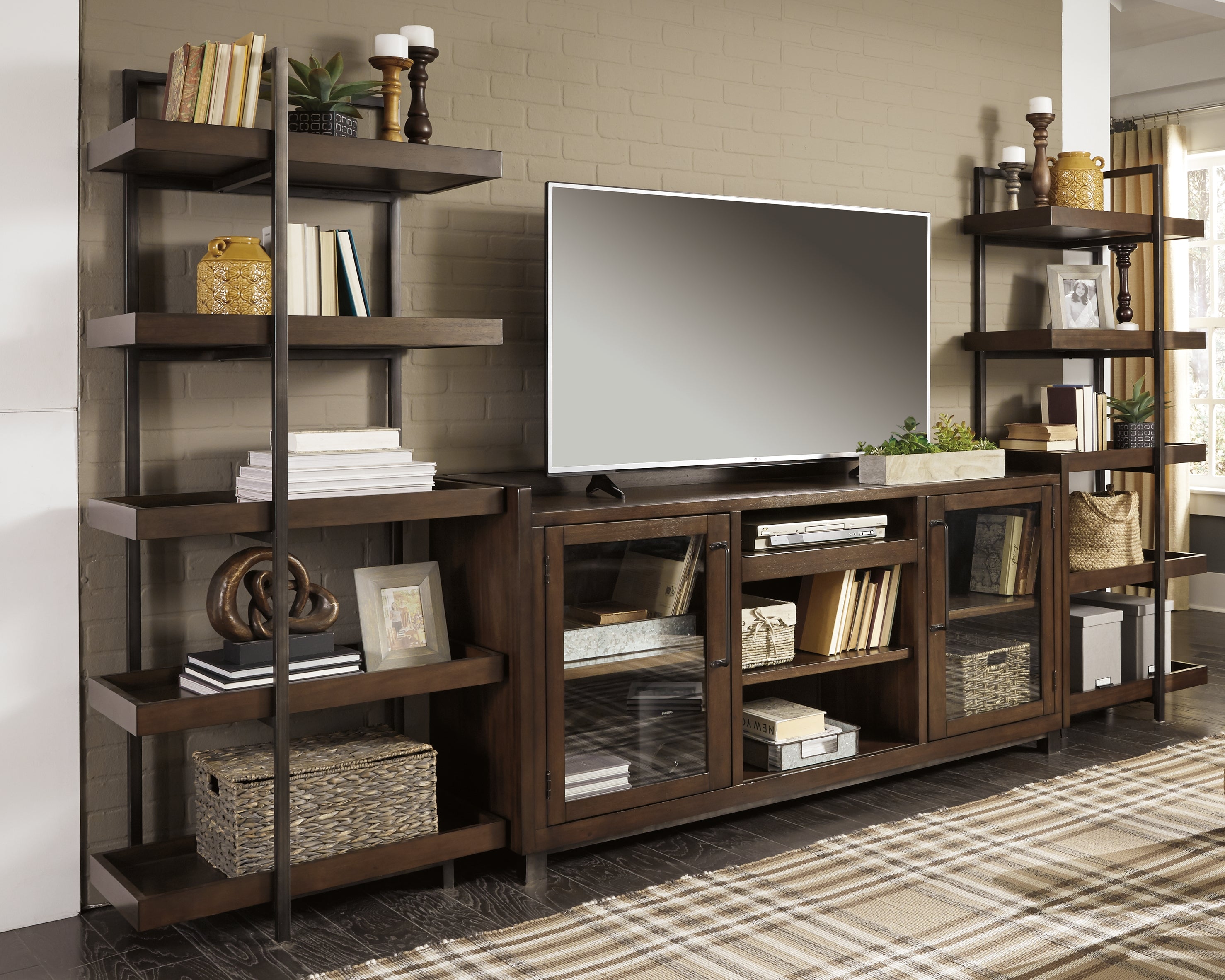 Prime Furniture - Ashley Furniture - Starmore Entertainment Center - 3-Piece Entertainment Center / Brown/Gunmetal - W633W1